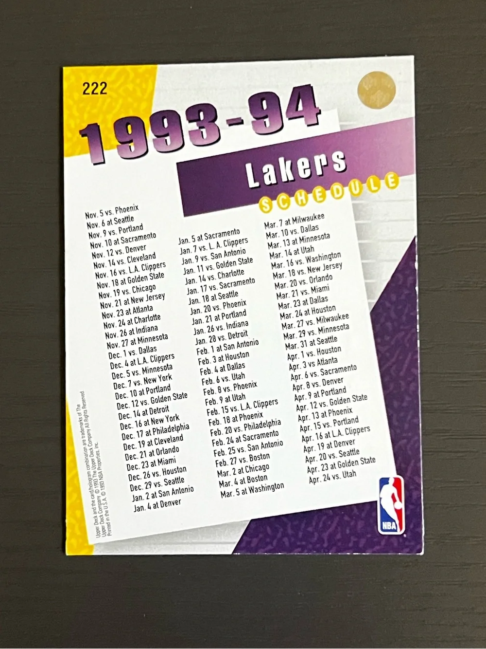 1993-94 Upper Deck Los Angeles Lakers Team Schedule Card #222